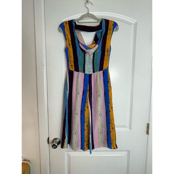 Y2K Plenty by Tracy Reese Silk Dress Size 0 Striped Drape Neck Sash Country Club - Picture 4 of 7